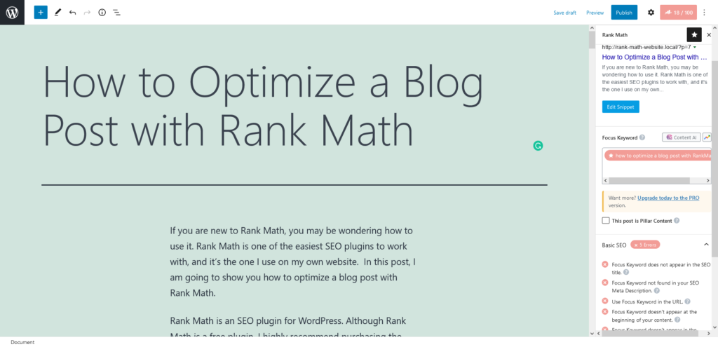 first add your keyword to optimize a blog post with Rank Math