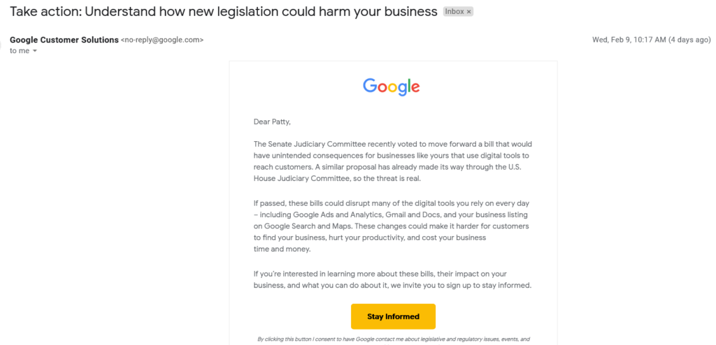 Google sent email to business users cautioning about Google legislation