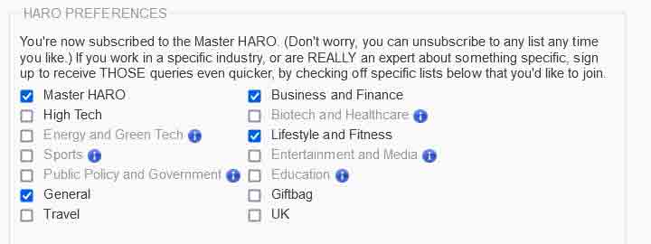select the HARO lists you'd like to participate in